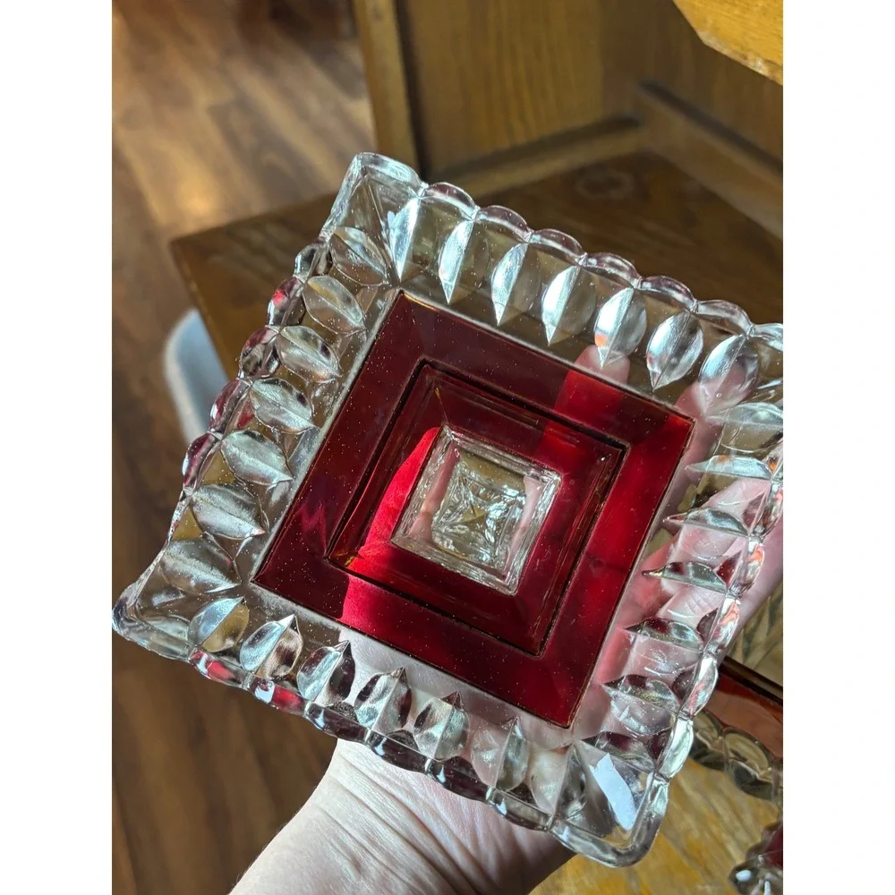 Vintage Smith Glass Ruby Red Clear Pedestal Candy Dish Lid Square Compote